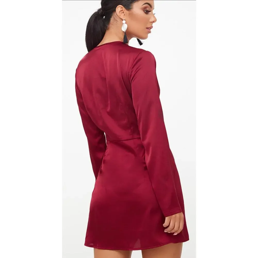 PrettyLittleThing Satin Wrap Mini Dress – Burgundy (Size 2)
